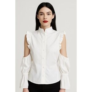 Stand White Cold Shoulder Ruffle Blouse Size S 100%‎ Cotton